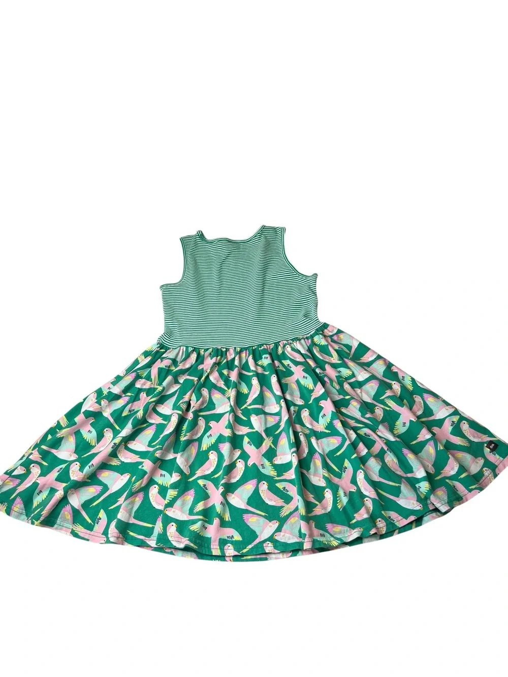 Tea Girls Size 12 Mixed Print Birds/Stripes Green/Pink Sleeveless Skater Dress